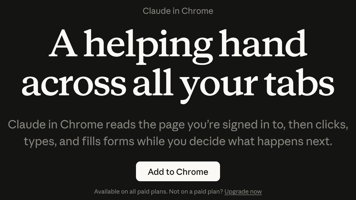 Página oficial do Claude in Chrome: A helping hand across all your tabs